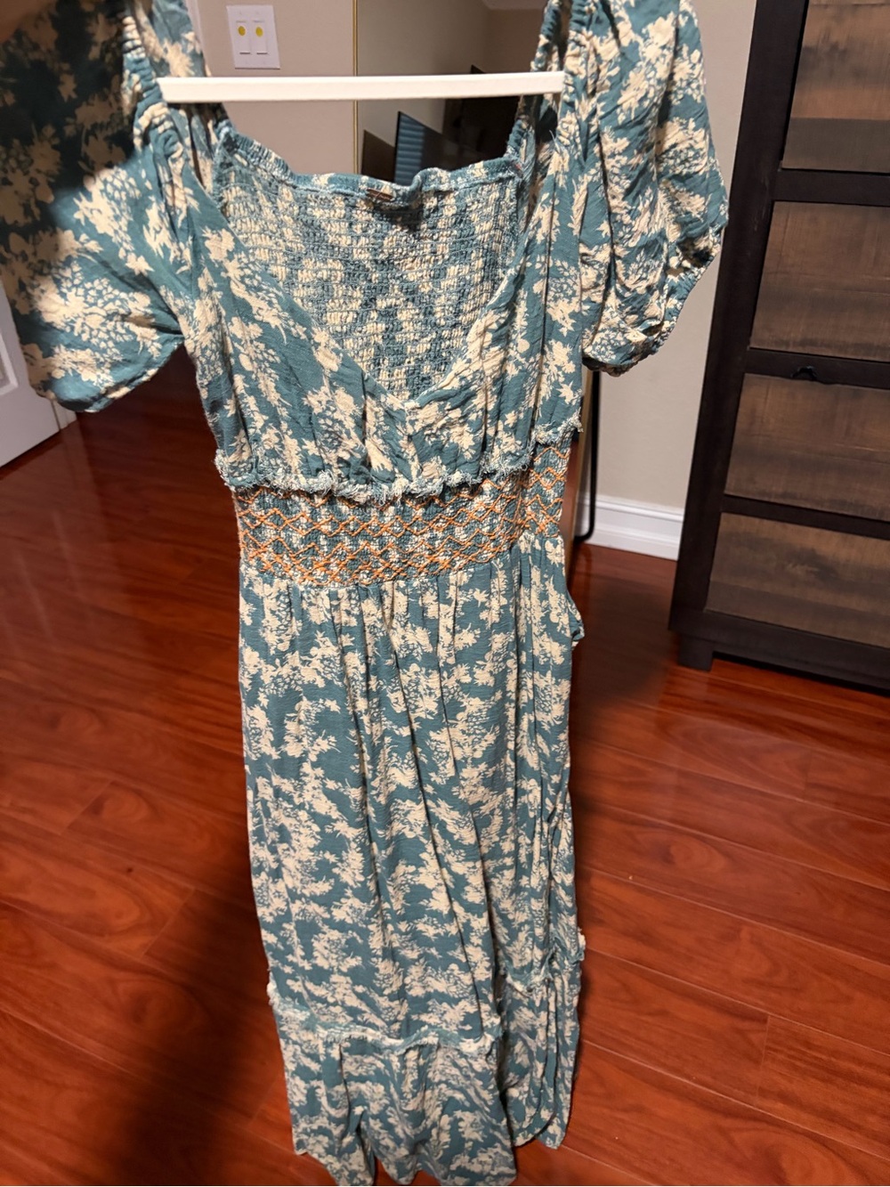 Free People Teal Floral Midi Dress with Smocked Waist